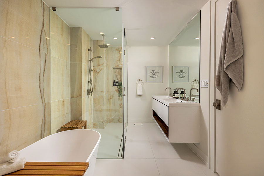 Contemporary Bathroom with Stone Accent Shower and Floating Vanity
