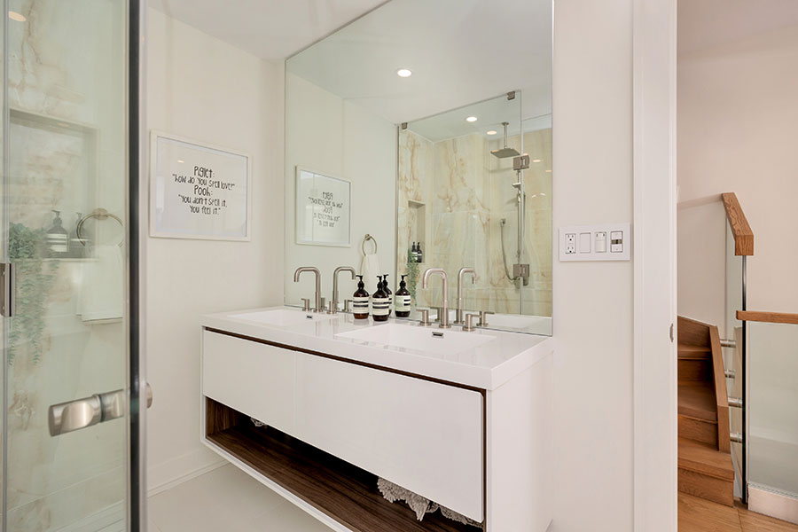 Contemporary Double Vanity Bathroom with Marble Shower