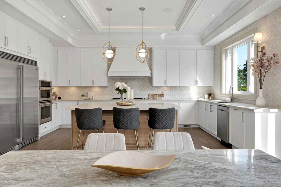 Modern White Kitchen with Herringbone Backsplash