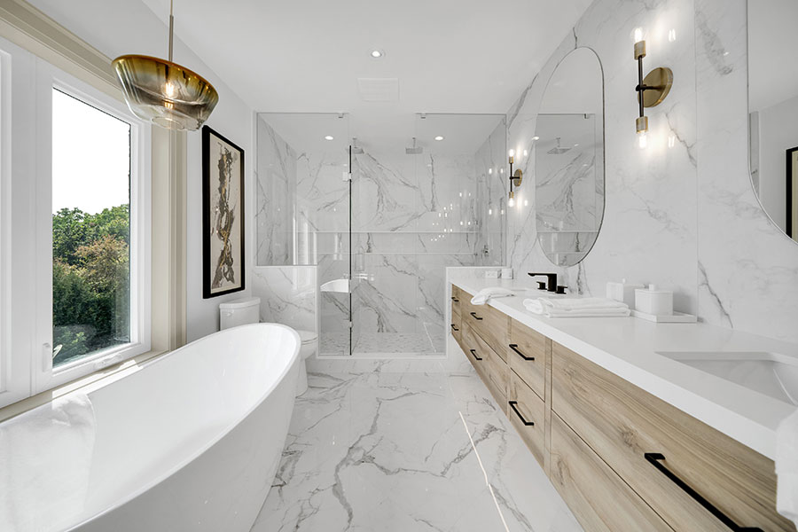Luxurious Marble & Wood Modern Bathroom Renovation