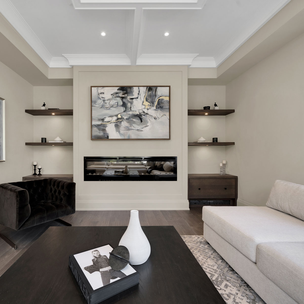 Contemporary Living Room with Built-in Fireplace & Shelving